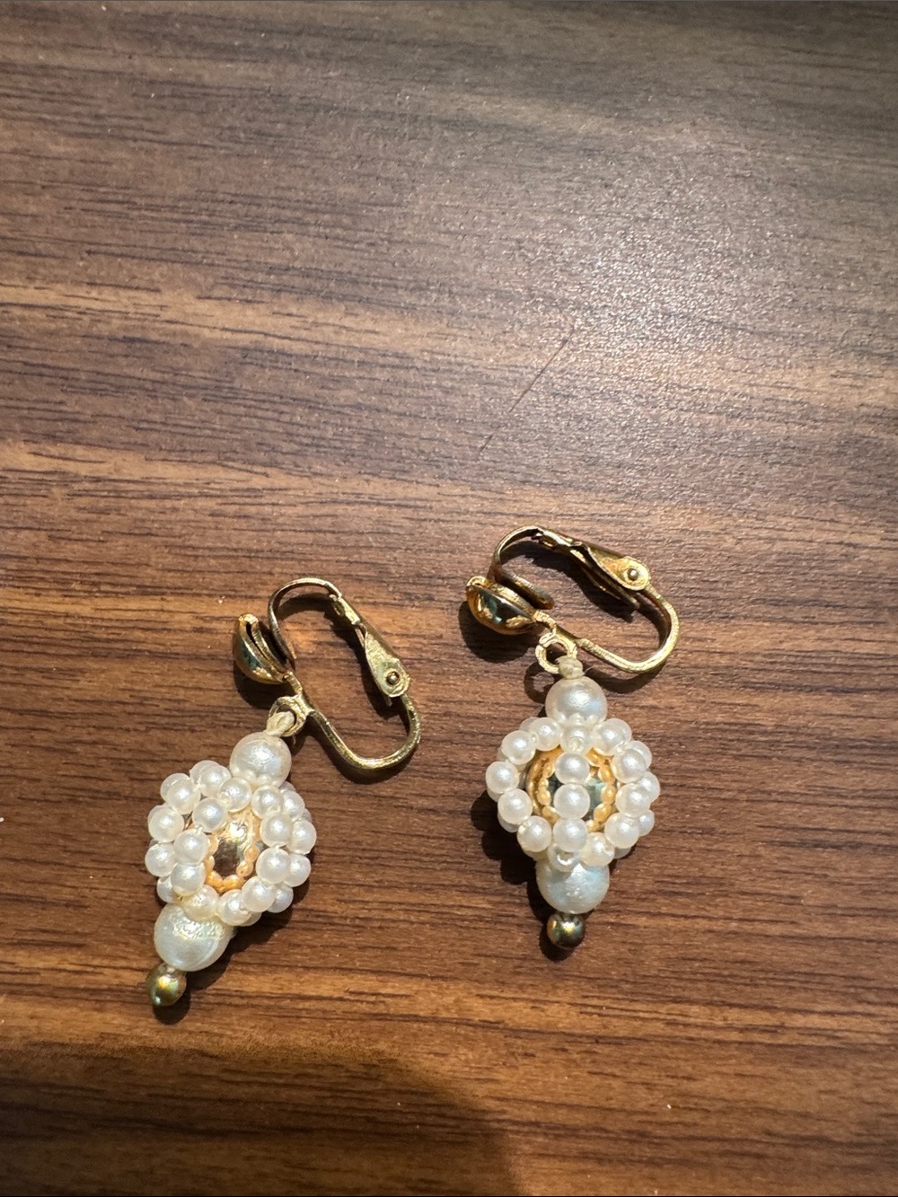 Vintage Pearl Cluster Drop Earrings - Cream and Gold Accents